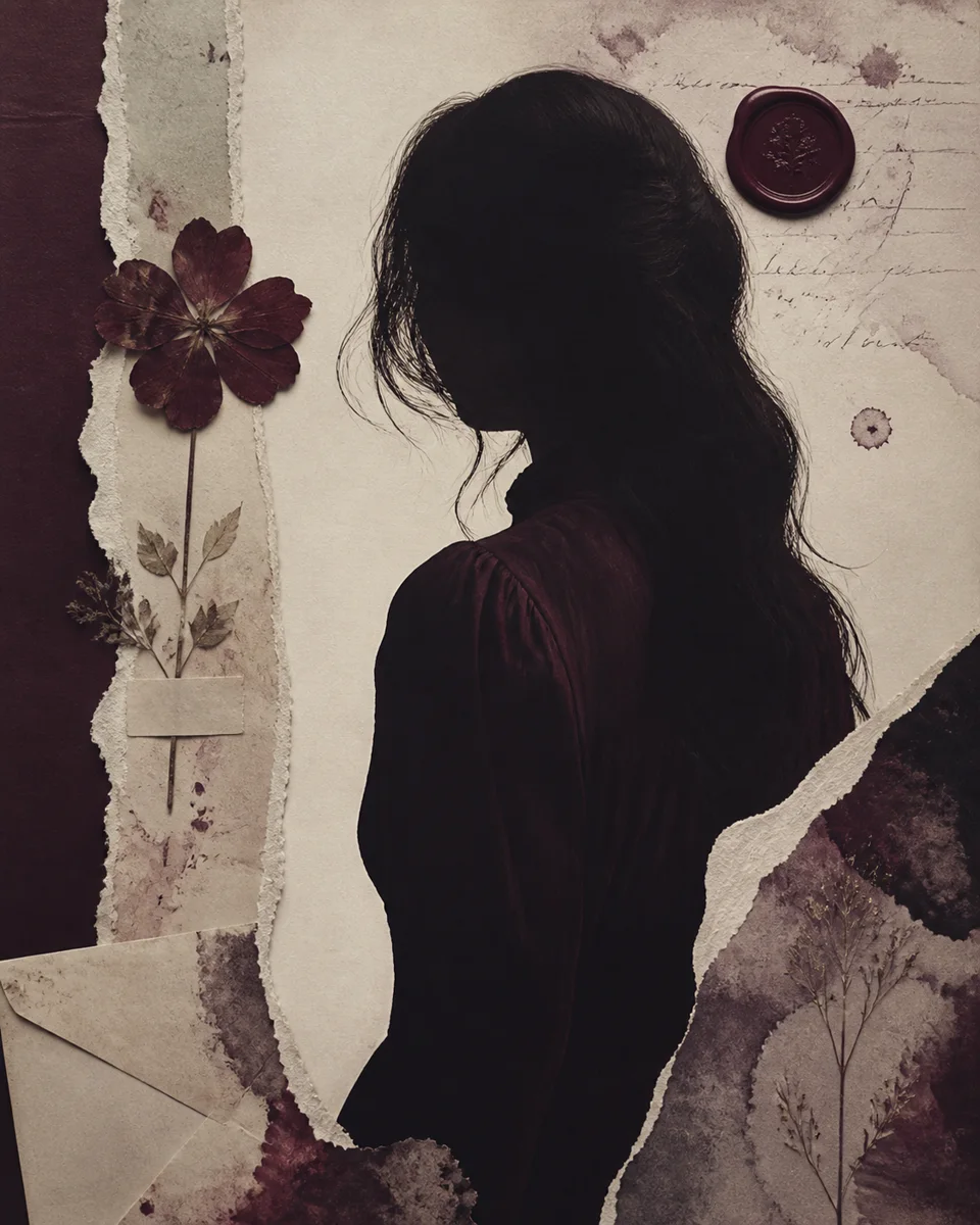 Siluet perempuan dengan bunga burgundy, surat, dan elemen kolase bernuansa gelap.