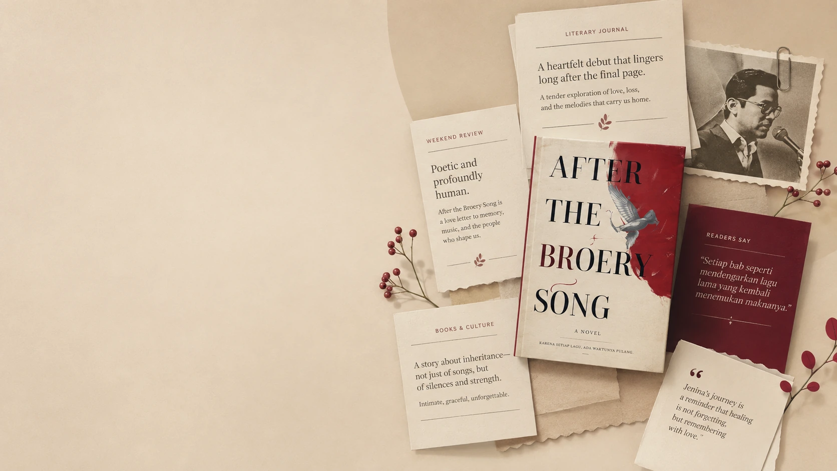 Kolase buku, kliping, foto, dan elemen liputan After the Broery Song.
